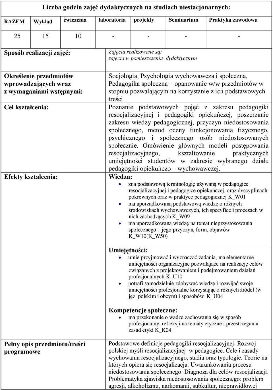 społeczna, Pedagogika społeczna opanowanie w/w przedmiotów w stopniu pozwalającym na korzystanie z ich podstawowych treści Poznanie podstawowych pojęć z zakresu pedagogiki resocjalizacyjnej i