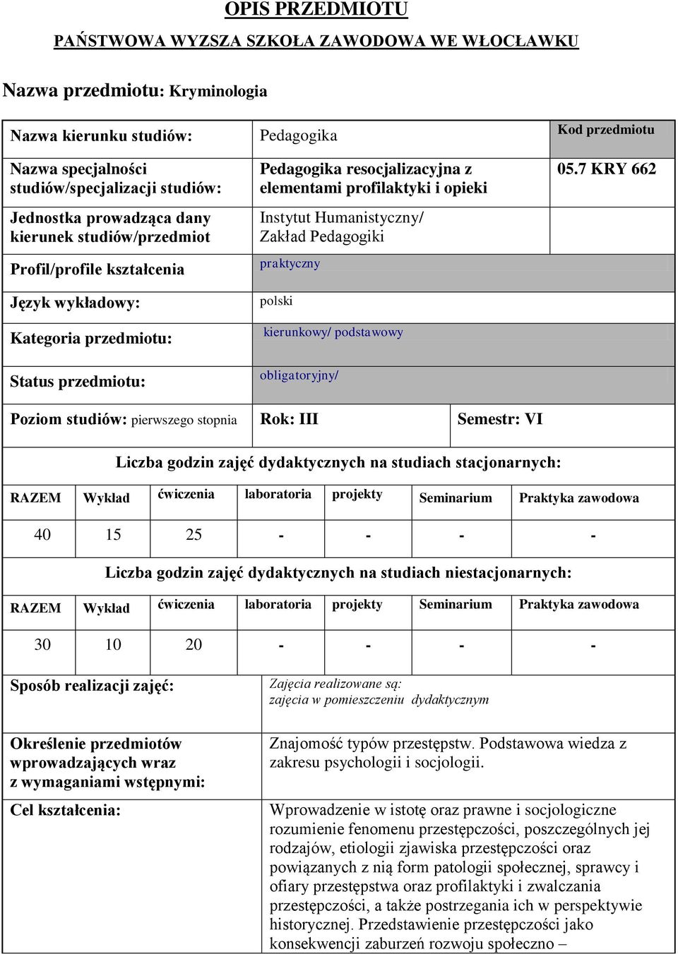 opieki Instytut Humanistyczny/ Zakład Pedagogiki praktyczny polski kierunkowy/ podstawowy obligatoryjny/ 05.