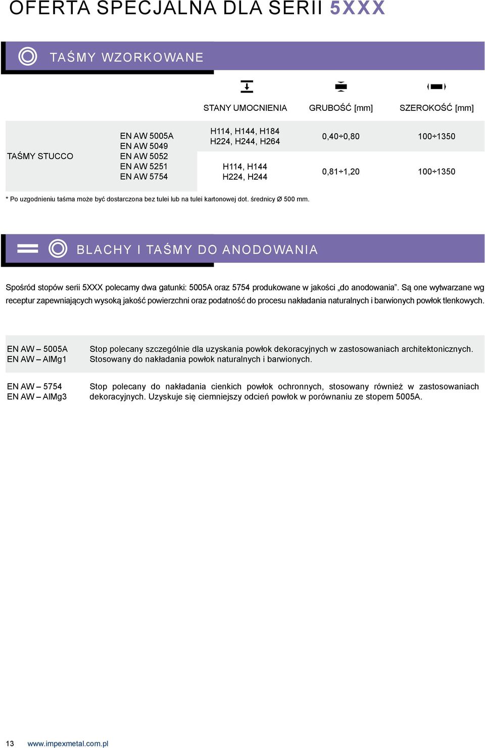 BLACHY I TAŚMY DO ANODOWANIA Spośród stopów serii 5XXX polecamy dwa gatunki: 5005A oraz 5754 produkowane w jakości do anodowania.