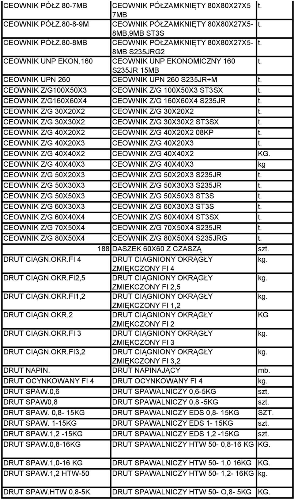 160 CEOWNIK UNP EKONOMICZNY 160 S235JR 15MB CEOWNIK UPN 260 CEOWNIK UPN 260 S235JR+M CEOWNIK Z/G100X50X3 CEOWNIK Z/G 100X50X3 ST3SX CEOWNIK Z/G160X60X4 CEOWNIK Z/G 160X60X4 S235JR CEOWNIK Z/G 30X20X2