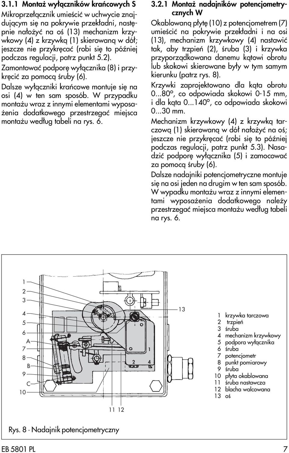 Dalsze wy³¹czniki krañcowe montuje siê na osi () w ten sam sposób. W przypadku monta u wraz z innymi elementami wyposa- enia dodatkowego przestrzegaæ miejsca monta u wed³ug tabeli na rys. 6. 3.