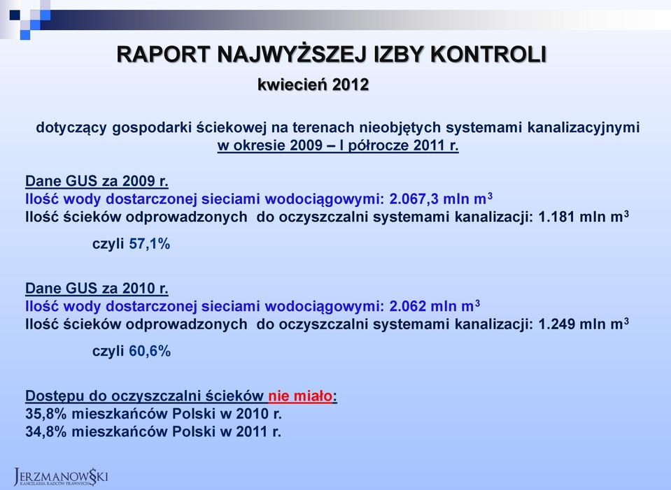 181 mln m 3 czyli 57,1% kwiecień 2012 Dane GUS za 2010 r. Ilość wody dostarczonej sieciami wodociągowymi: 2.