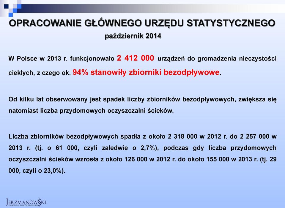 Od kilku lat obserwowany jest spadek liczby zbiorników bezodpływowych, zwiększa się natomiast liczba przydomowych oczyszczalni ścieków.