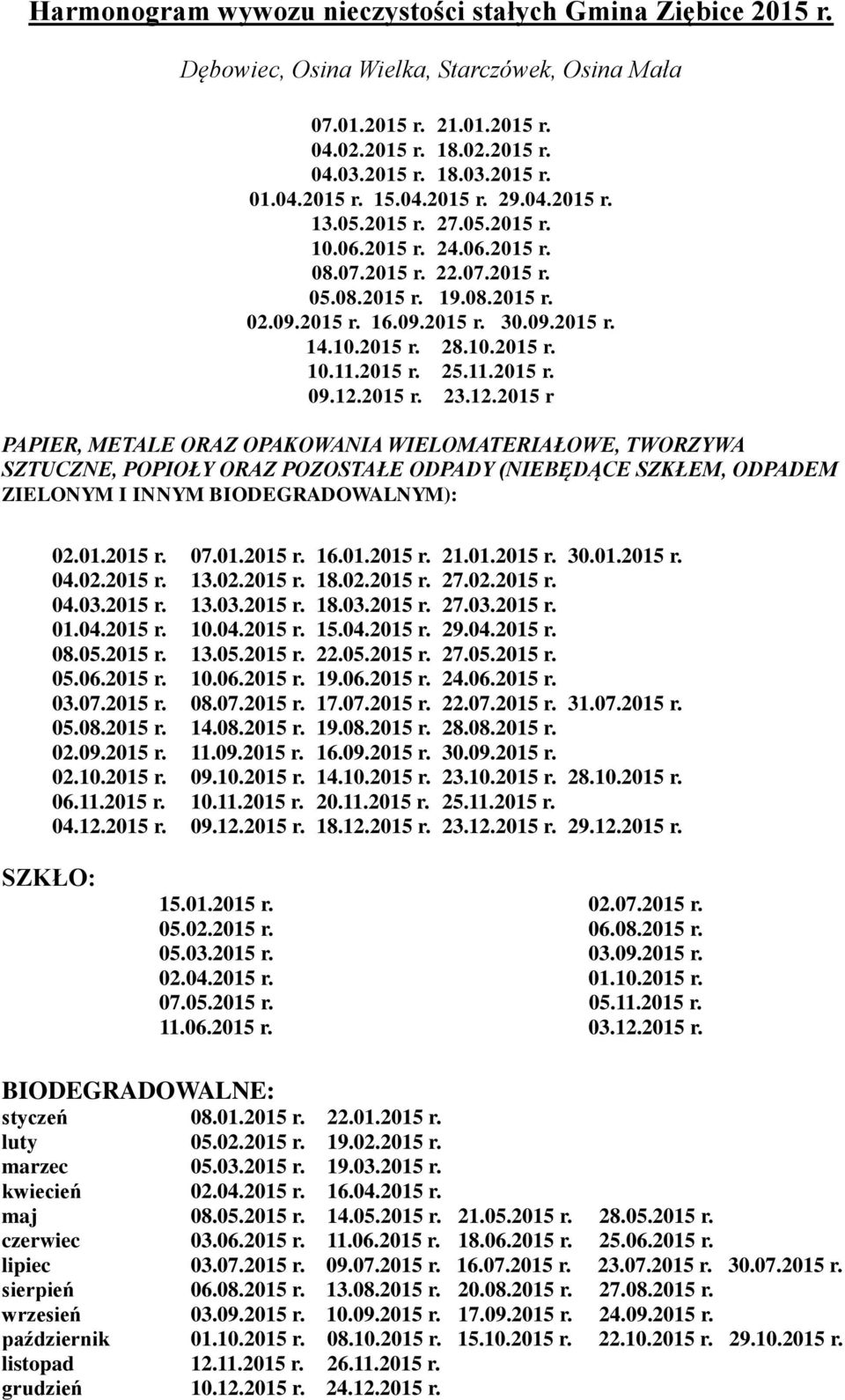 2015 r. 23.12.2015 r SZTUCZNE, POPIOŁY ORAZ POZOSTAŁE ODPADY (NIEBĘDĄCE SZKŁEM, ODPADEM ZIELONYM I INNYM BIODEGRADOWALNYM): 02.01.2015 r. 07.01.2015 r. 16.01.2015 r. 21.01.2015 r. 30.01.2015 r. 04.02.2015 r. 13.