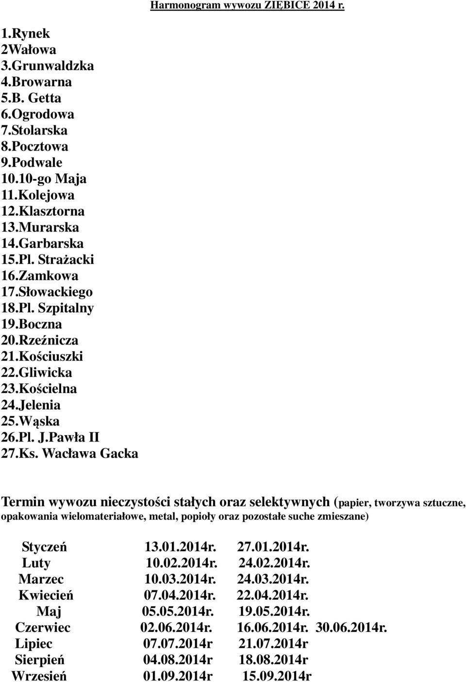 Wacława Gacka Termin wywozu nieczystości stałych oraz selektywnych (papier, tworzywa sztuczne, opakowania wielomateriałowe, metal, popioły oraz pozostałe suche zmieszane) Styczeń 13.01.2014r. 27.01.2014r. Luty 10.