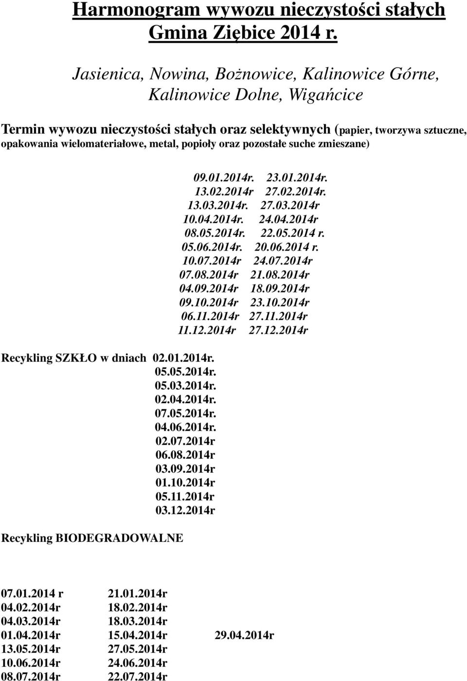 popioły oraz pozostałe suche zmieszane) Recykling SZKŁO w dniach 02.01.2014r. 05.05.2014r. 05.03.2014r. 02.04.2014r. 07.05.2014r. 04.06.2014r. 02.07.2014r 06.08.2014r 03.09.2014r 01.10.2014r 05.11.