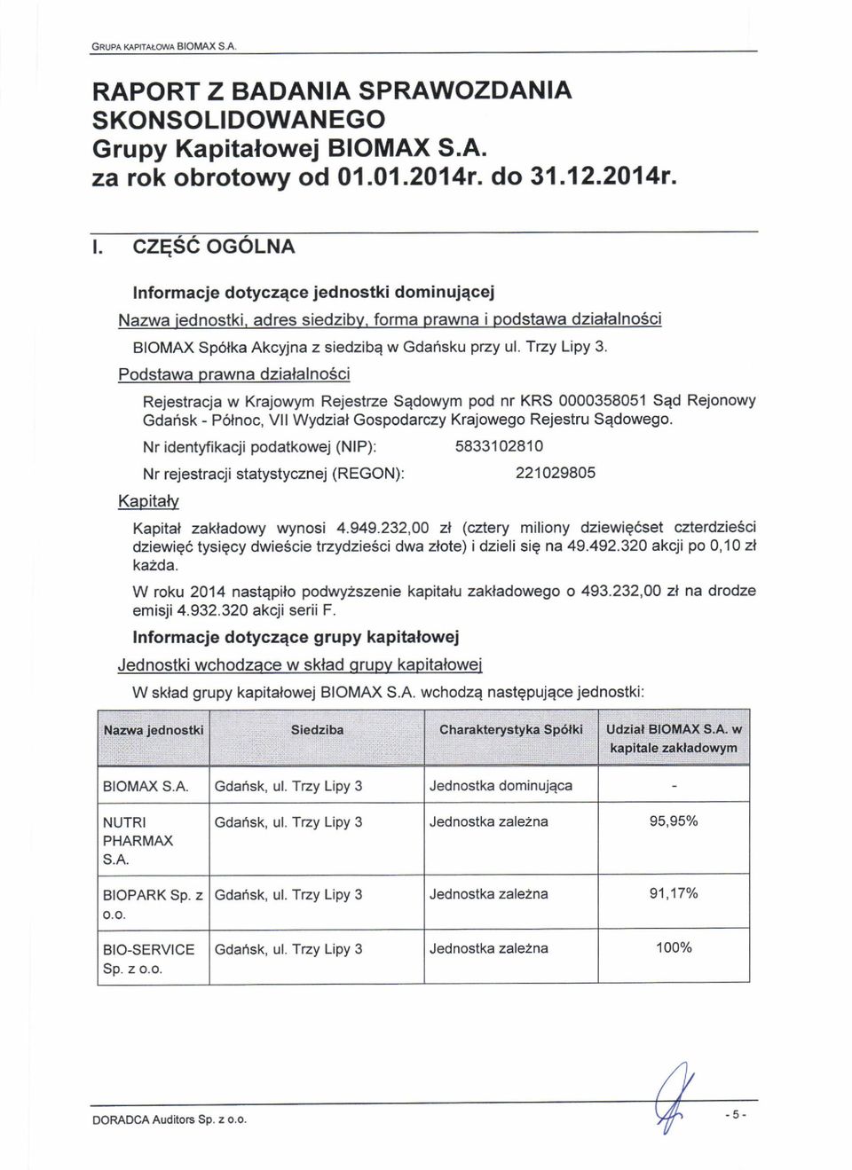 czese ocolna I nformacje dotyczqce jednostki domi nujecej Nazwa iednostki, adres siedzibv, forma prawna i podstawa dzialalno5ci BIOMAX Sp6lka Akcyjna z siedzibq w Gdahsku pzy ul. Tzy Lipy 3.