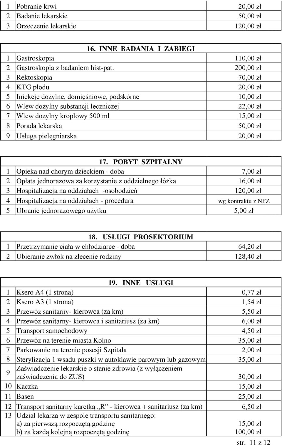 Porada lekarska 50,00 zł 9 Usługa pielęgniarska 20,00 zł 17.