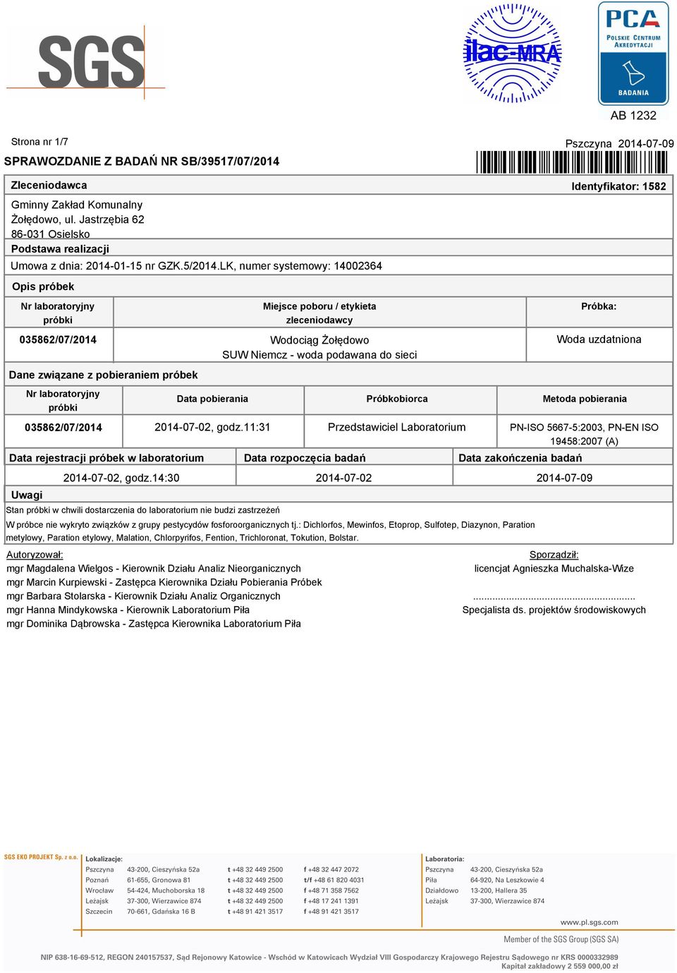 SUW Niemcz woda podawana do sieci Próbkobiorca *R4371708%* Identyfikator: 1582 Próbka: Woda uzdatniona Metoda pobierania 20140702, godz.