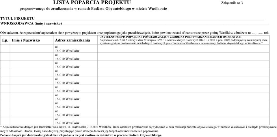 Imię i Nazwisko Adres zamieszkania CZYTELNY PODPIS POPARCIA I POŚWIADCZAJĄCY ZGODĘ NA PRZETWARZANIE DANYCH OSOBOWYCH Na podstawie art. 7 pkt 5 ustawy z dnia 29 sierpnia 1997 r.