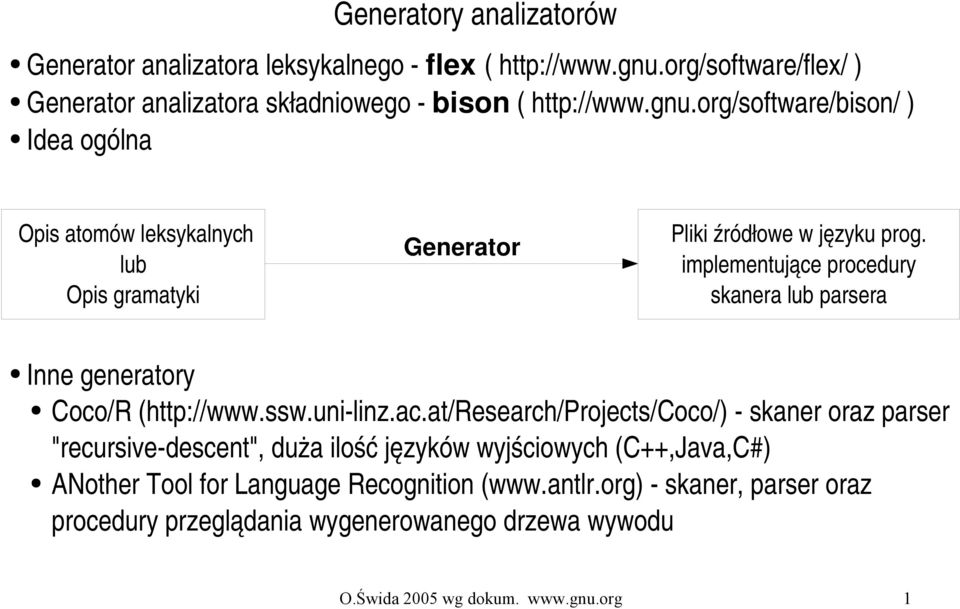 org/software/bison/ ) Idea ogólna Opis atomów leksykalnych lub Opis gramatyki Generator Pliki źródłowe w języku prog.