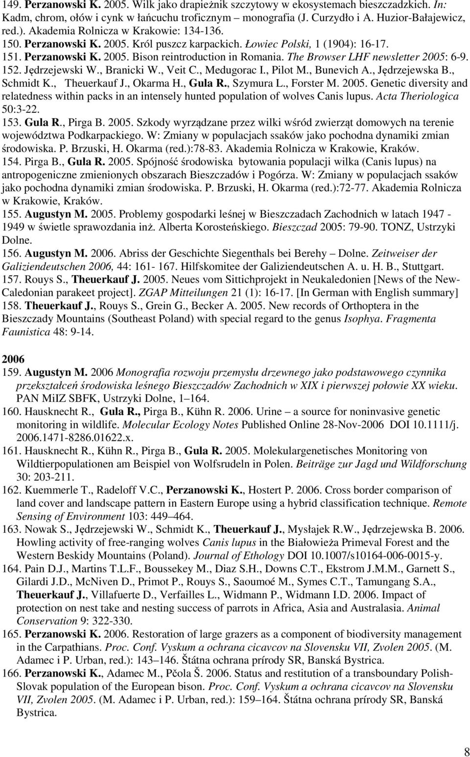 The Browser LHF newsletter 2005: 6-9. 152. Jędrzejewski W., Branicki W., Veit C., Medugorac I., Pilot M., Bunevich A., Jędrzejewska B., Schmidt K., Theuerkauf J., Okarma H., Gula R., Szymura L.