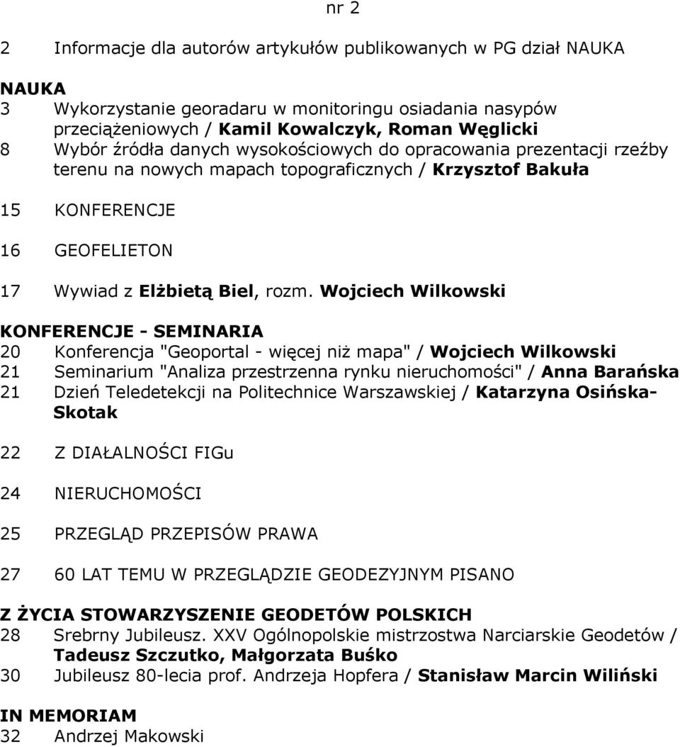 Wojciech Wilkowski KONFERENCJE - SEMINARIA 20 Konferencja "Geoportal - więcej niż mapa" / Wojciech Wilkowski 21 Seminarium "Analiza przestrzenna rynku nieruchomości" / Anna Barańska 21 Dzień