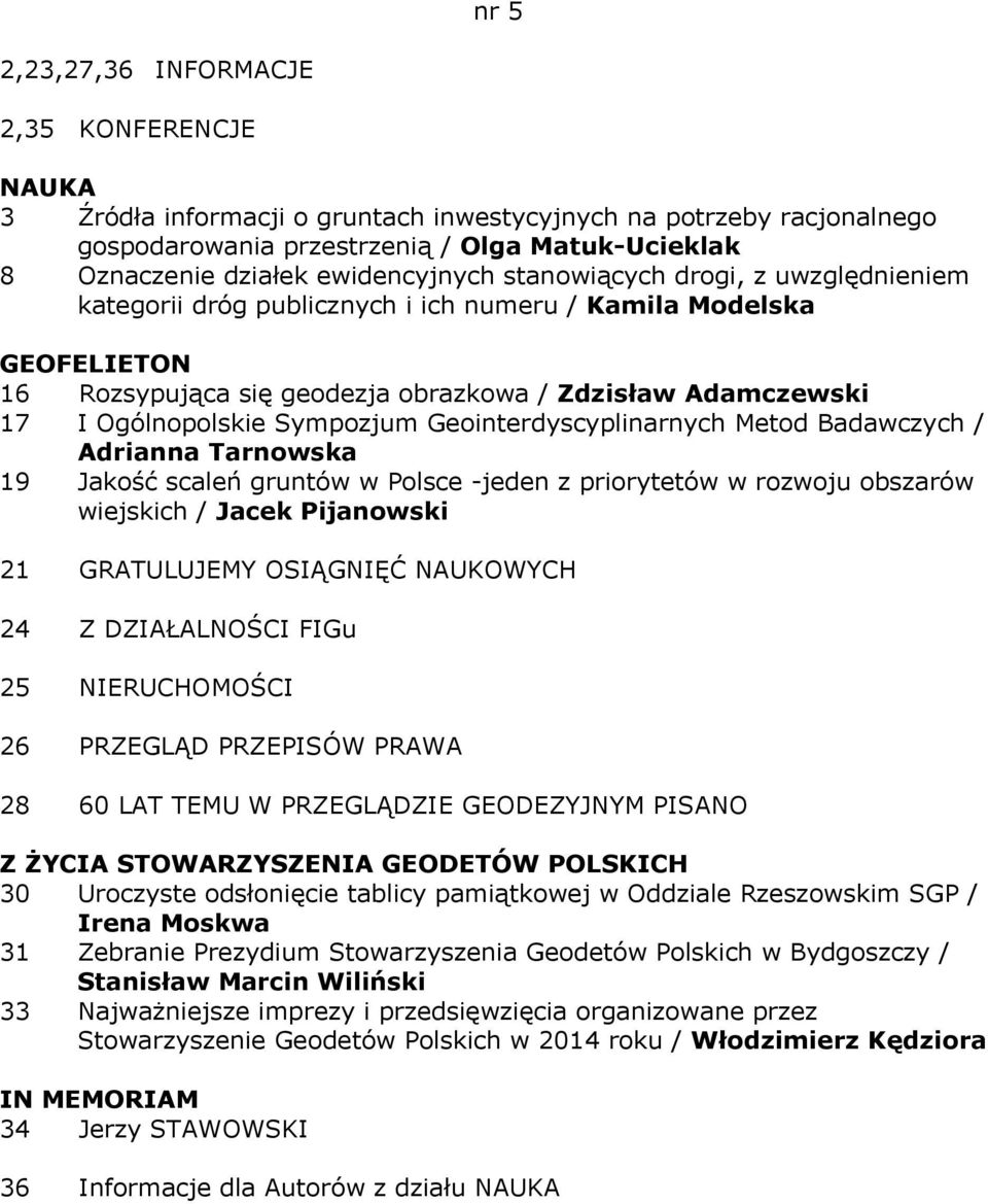 Geointerdyscyplinarnych Metod Badawczych / Adrianna Tarnowska 19 Jakość scaleń gruntów w Polsce -jeden z priorytetów w rozwoju obszarów wiejskich / Jacek Pijanowski 21 GRATULUJEMY OSIĄGNIĘĆ NAUKOWYCH