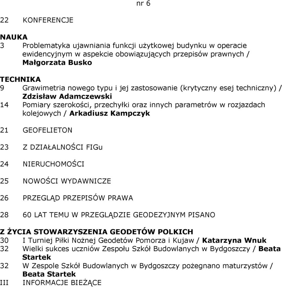 DZIAŁALNOŚCI FIGu 24 NIERUCHOMOŚCI 25 NOWOŚCI WYDAWNICZE 26 PRZEGLĄD PRZEPISÓW PRAWA 28 60 LAT TEMU W PRZEGLĄDZIE GEODEZYJNYM PISANO Z ŻYCIA STOWARZYSZENIA GEODETÓW POLKICH 30 I Turniej Piłki Nożnej