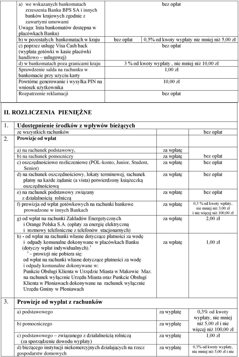 mniej niż 10,00 zł Sprawdzenie salda na rachunku w 1,00 zł bankomacie przy użyciu karty Powtórne generowanie i wysyłka PIN na 10,00 zł wniosek użytkownika Rozpatrzenie reklamacji II.