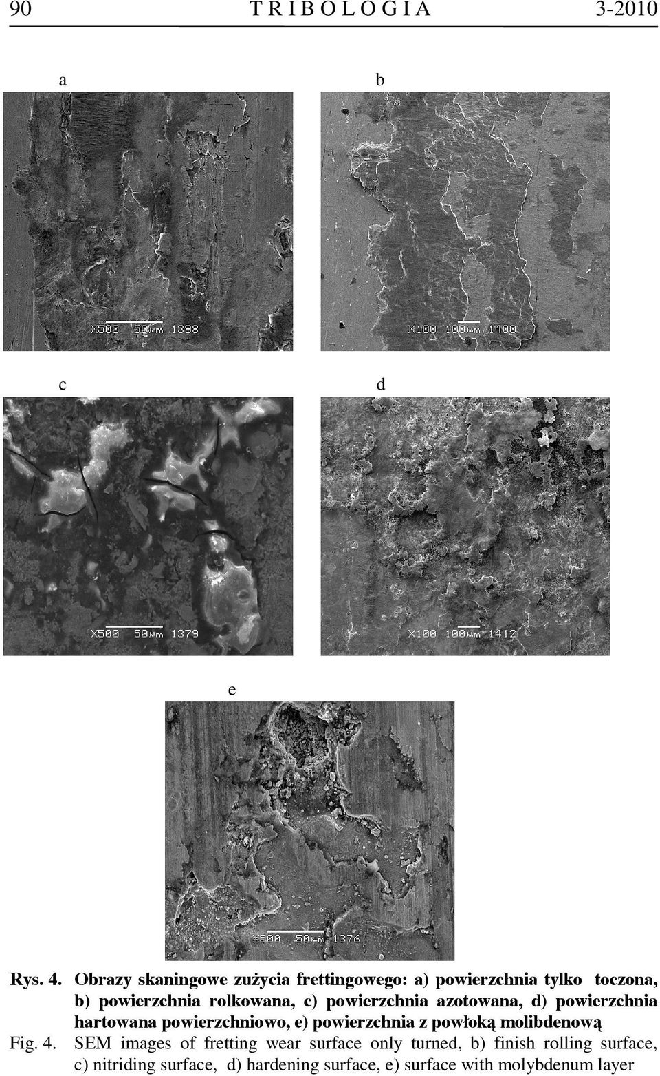 powierzchnia azotowana, d) powierzchnia hartowana powierzchniowo, e) powierzchnia z powłoką molibdenową