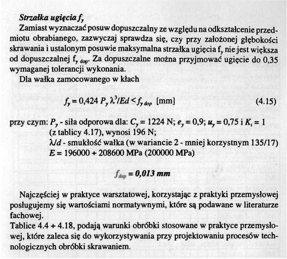 Dla wałka zamcwaneg w kłach f y = 0,424 P y X 3 /Ed<f ydp [mm] (4.15) przy czym: P y - siła dprwa dla: C y = 1224 N; e y = 0,9; u y = 0,75 i K, = ł (z tablicy 4.