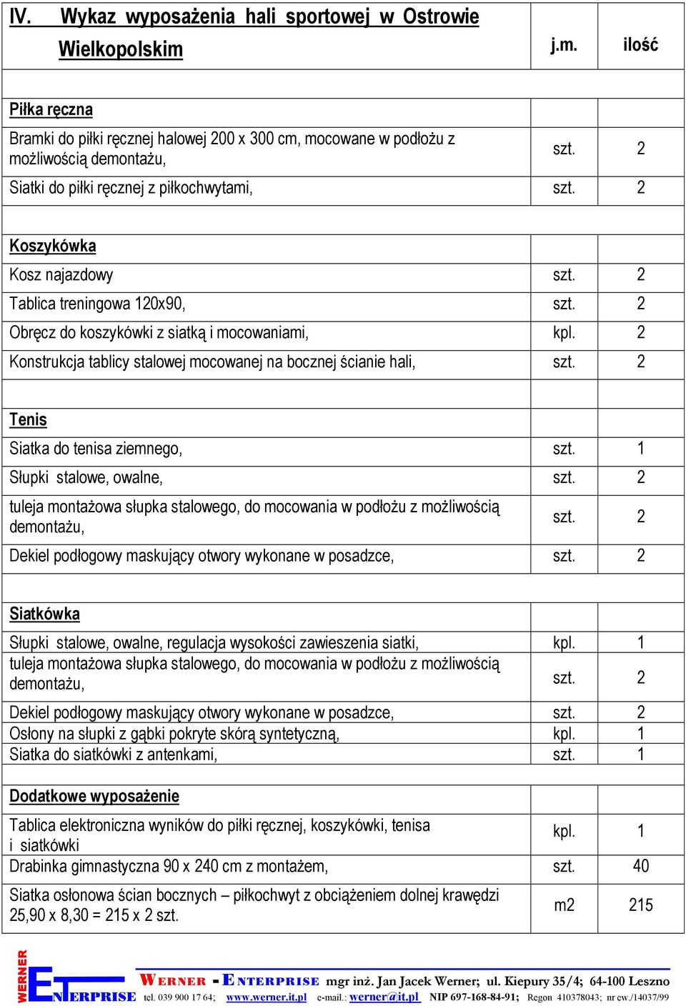 2 Konstrukcja tablicy stalowej mocowanej na bocznej ścianie hali, szt. 2 Tenis Siatka do tenisa ziemnego, szt. 1 Słupki stalowe, owalne, szt.