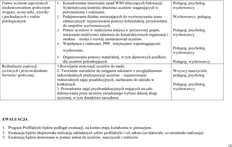 Podejmowanie działań zmierzających do wyrównywania szans edukacyjnych: organizowanie pomocy koleżeńskiej, przydzielanie do zespołów wyrównawczych. 3.