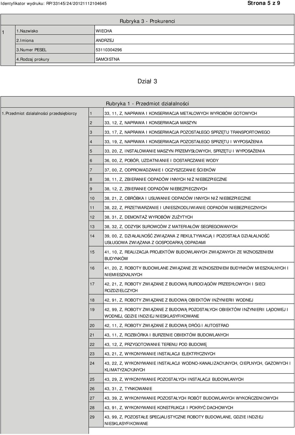 TRANSPORTOWEGO 4 33, 19, Z, NAPRAWA I KONSERWACJA POZOSTAŁEGO SPRZĘTU I WYPOSAŻENIA 5 33, 20, Z, INSTALOWANIE MASZYN PRZEMYSŁOWYCH, SPRZĘTU I WYPOSAŻENIA 6 36, 00, Z, POBÓR, UZDATNIANIE I