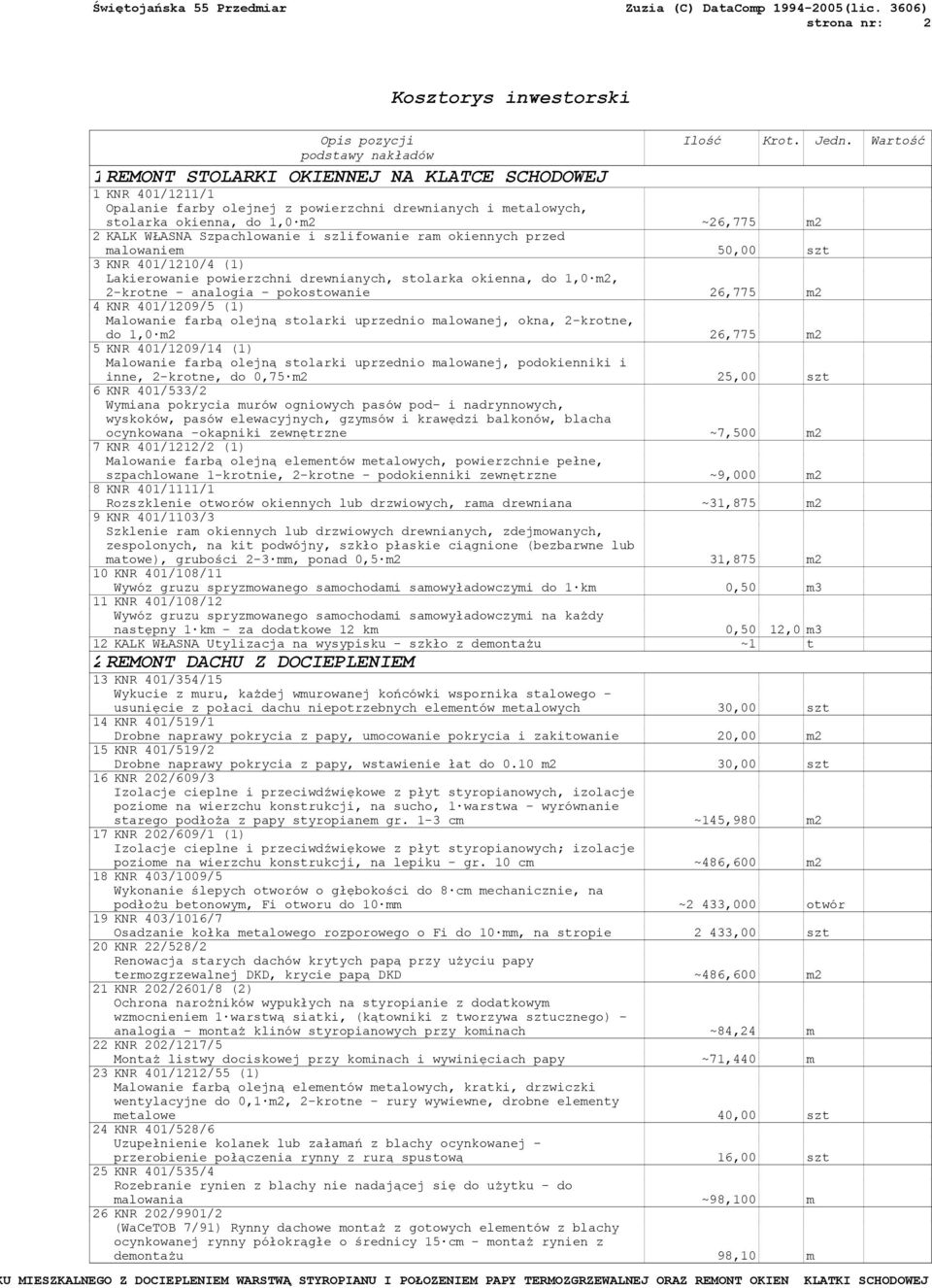 do 1,0 m2, 2-krotne - analogia - pokostowanie 26,775 m2 4 KNR 401/1209/5 (1) Malowanie farbą olejną stolarki uprzednio malowanej, okna, 2-krotne, do 1,0 m2 26,775 m2 5 KNR 401/1209/14 (1) Malowanie