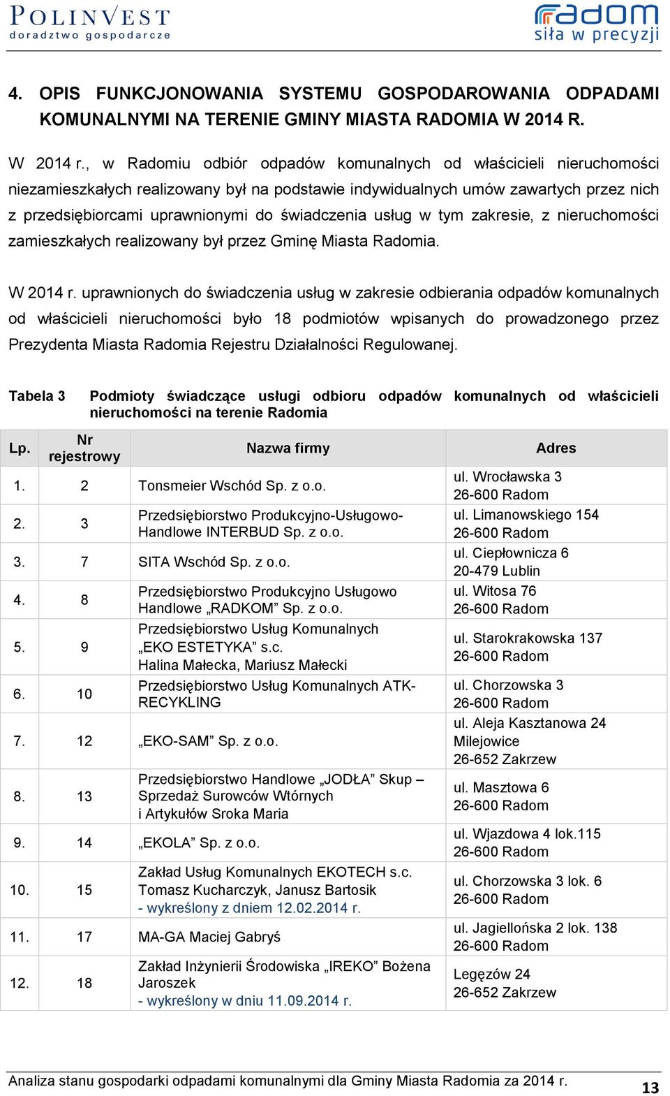 świadczenia usług w tym zakresie, z nieruchomości zamieszkałych realizowany był przez Gminę Miasta Radomia. W 2014 r.