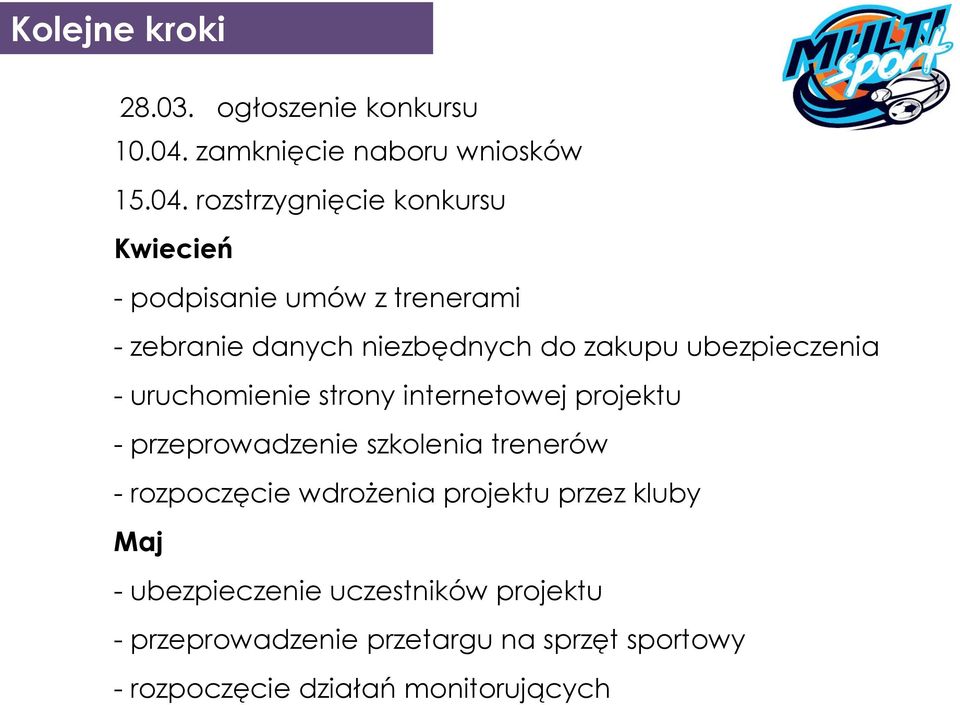 rozstrzygnięcie konkursu Kwiecień - podpisanie umów z trenerami - zebranie danych niezbędnych do zakupu