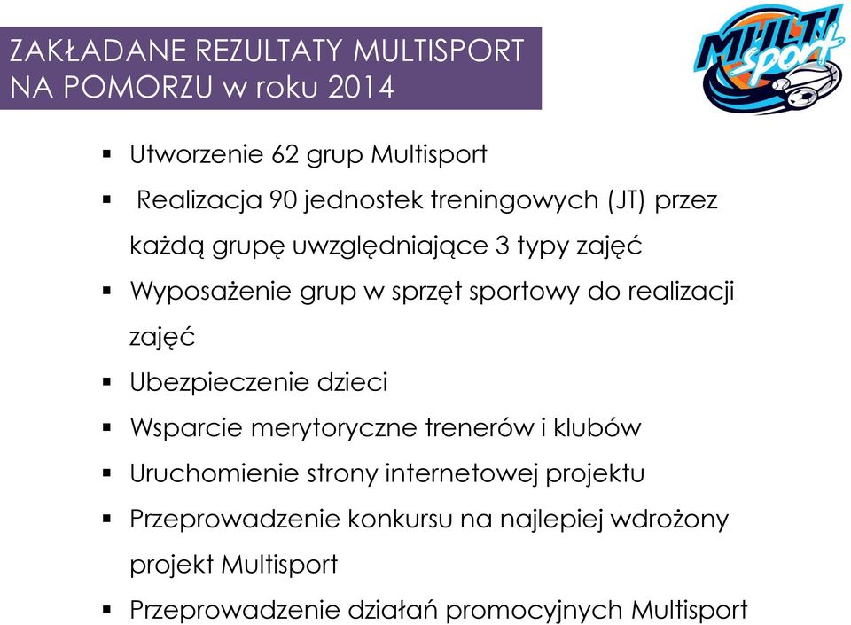 realizacji zajęć Ubezpieczenie dzieci Wsparcie merytoryczne trenerów i klubów Uruchomienie strony internetowej