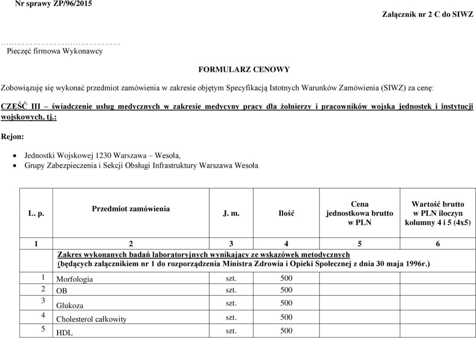 : Rejon: Jednostki Wojskowej 1230 Warszawa Wesoła, Grupy Zabezpieczenia i Sekcji Obsługi Infrastruktury Warszawa Wesoła L. p. Przedmiot zamówienia J. m.