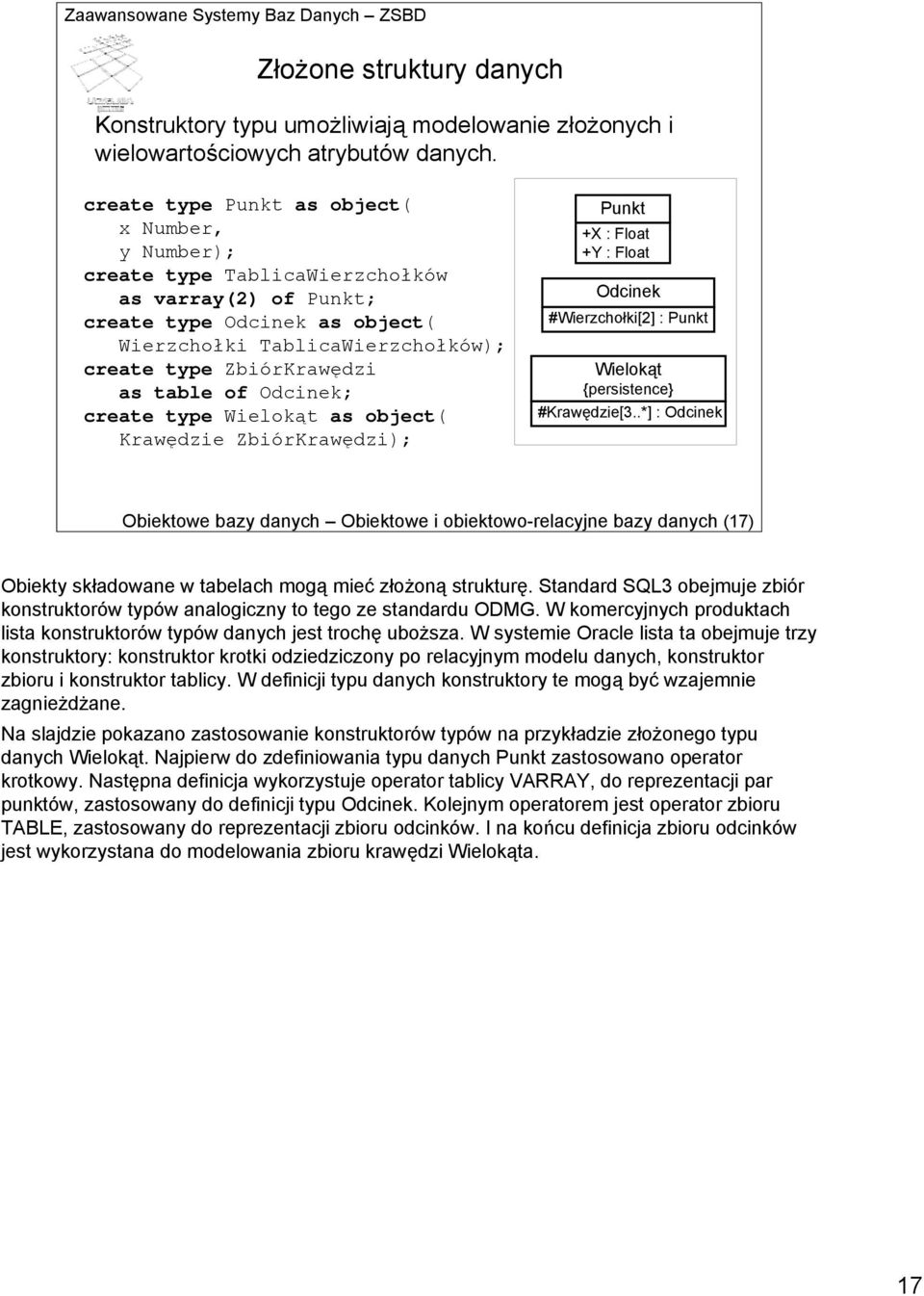 table of Odcinek; create type Wielokąt as object( Krawędzie ZbiórKrawędzi); Punkt +X : Float +Y : Float Odcinek #Wierzchołki[2] : Punkt Wielokąt {persistence} #Krawędzie[3.