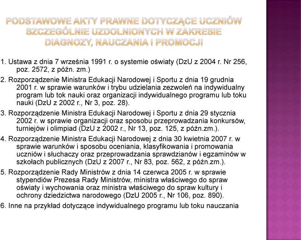 poz. 28). 3. Rozporządzenie Ministra Edukacji Narodowej i Sportu z dnia 29 stycznia 2002 r. w sprawie organizacji oraz sposobu przeprowadzania konkursów, turniejów i olimpiad (DzU z 2002 r.