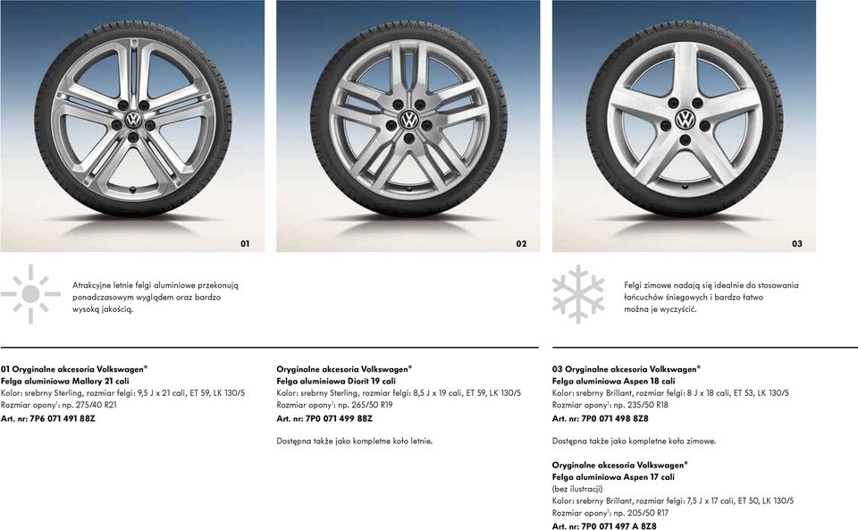 01 Oryginalne akcesoria Volkswagen Felga aluminiowa Mallory 21 cali Kolor: srebrny Sterling, rozmiar felgi: 9,5 J x 21 cali, ET 59, LK 130/5 Rozmiar opony 1 : np. 275/40 R21 Art.