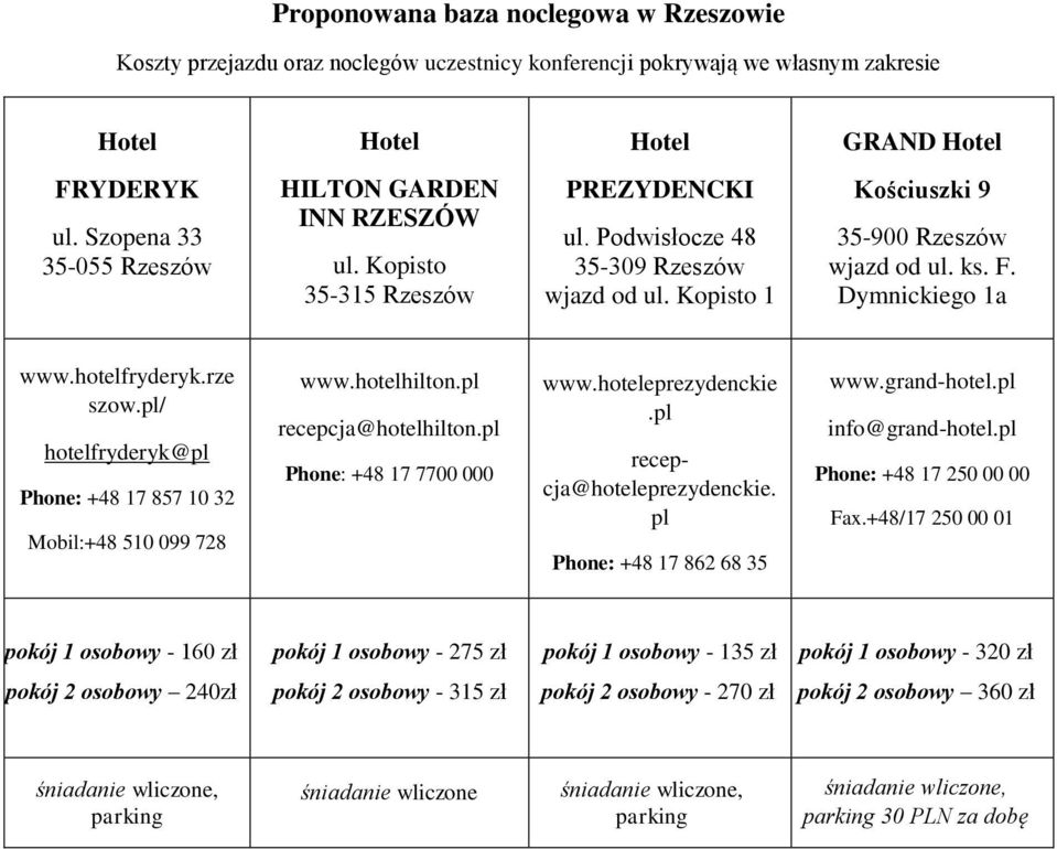 pl/ hotelfryderyk@pl Phone: +48 17 857 10 32 Mobil:+48 510 099 728 www.hotelhilton.pl recepcja@hotelhilton.pl Phone: +48 17 7700 000 www.hoteleprezydenckie.pl recepcja@hoteleprezydenckie.
