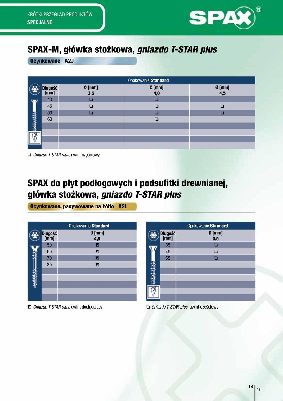 plus, gwint częściowy SPAX do płyt podłogowych i podsufitki drewnianej, główka stożkowa, gniazdo T-STAR plus Ocynkowane,