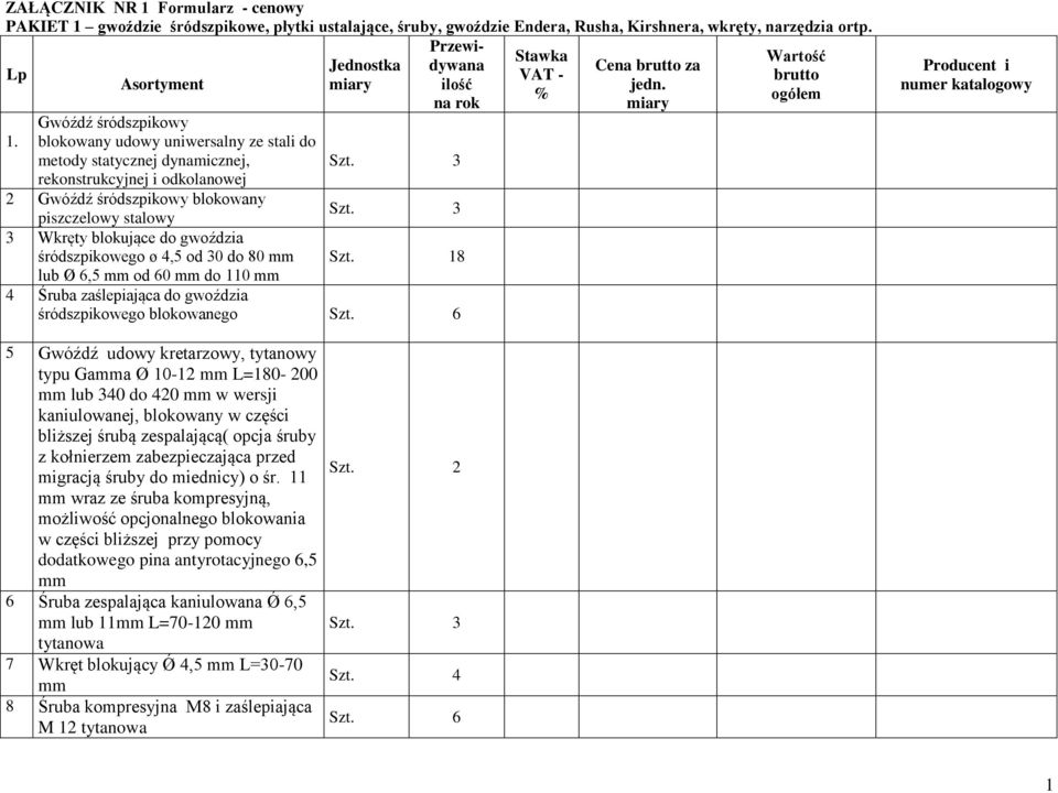 blokowany udowy uniwersalny ze stali do metody statycznej dynamicznej, 3 rekonstrukcyjnej i odkolanowej Gwóźdź śródszpikowy blokowany piszczelowy stalowy 3 3 Wkręty blokujące do gwoździa