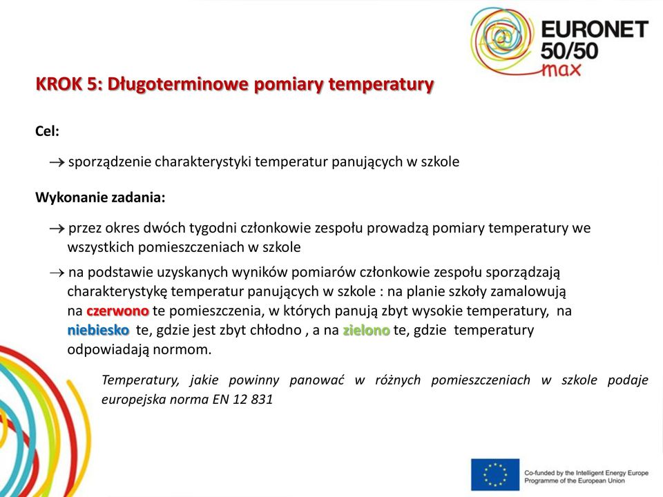 temperatur panujących w szkole : na planie szkoły zamalowują na czerwono te pomieszczenia, w których panują zbyt wysokie temperatury, na niebiesko te, gdzie jest