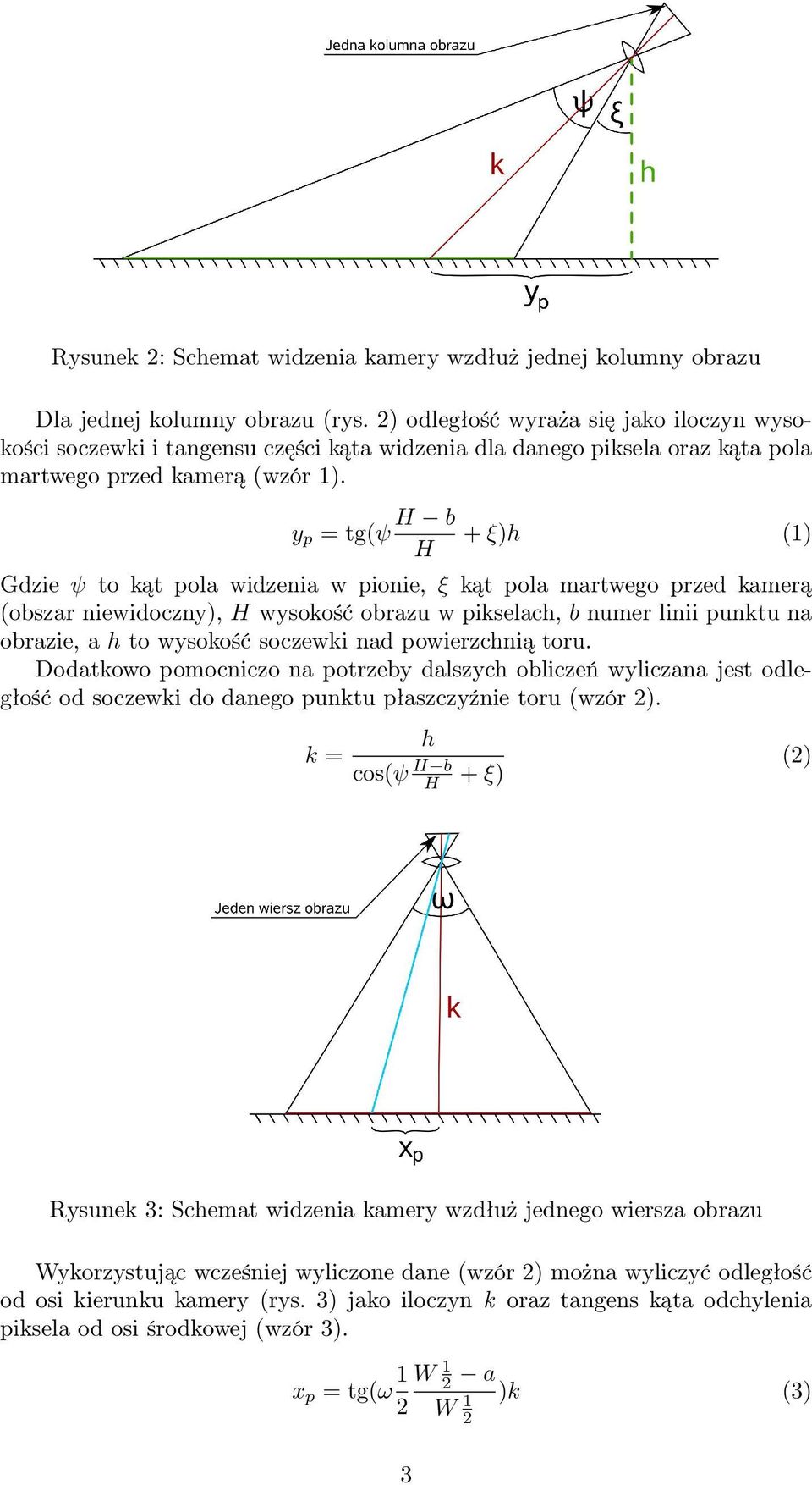 y p = tg(ψ H b H + ξ)h (1) Gdzie ψ to kąt pola widzenia w pionie, ξ kąt pola martwego przed kamerą (obszar niewidoczny), H wysokość obrazu w pikselach, b numer linii punktu na obrazie, a h to