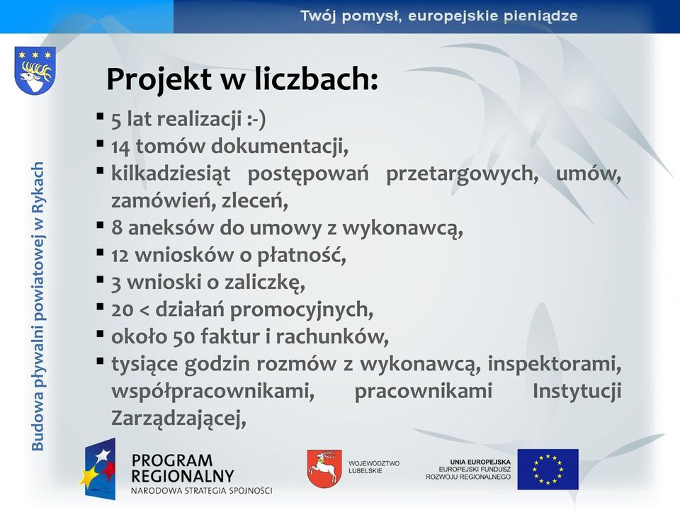 płatność, 3 wnioski o zaliczkę, 20 < działań promocyjnych, około 50 faktur i rachunków,