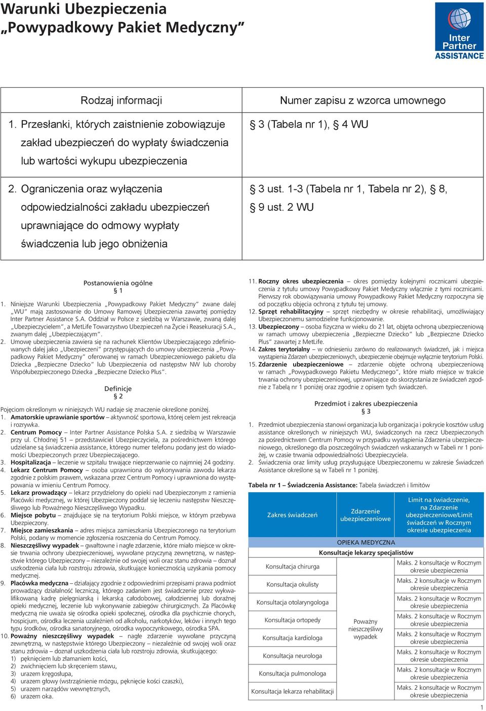 1-3 (Tabela nr 1, Tabela nr 2), 8, 9 ust. 2 WU Postanowienia ogólne 1 1.