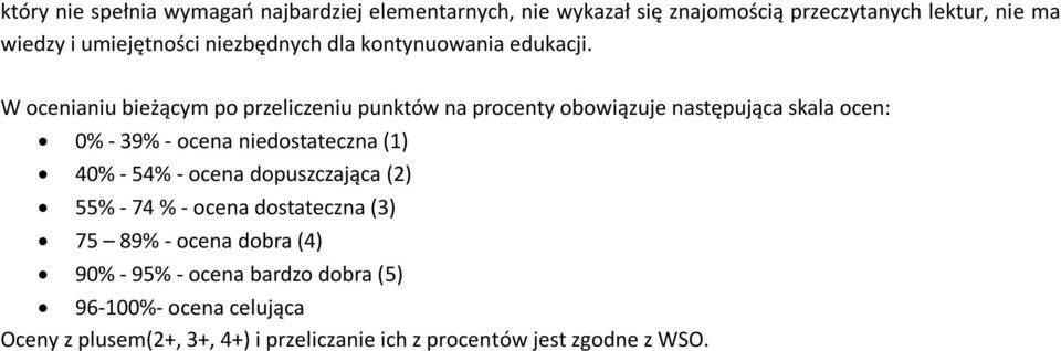 W ocenianiu bieżącym po przeliczeniu punktów na procenty obowiązuje następująca skala ocen: 0% - 39% - ocena niedostateczna (1) 40%