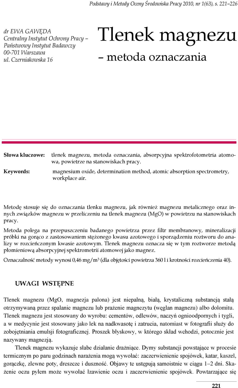 magnesium oxide, determination method, atomic absorption spectrometry, workplace air.