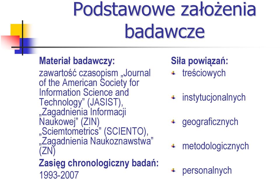 (ZIN) Sciemtometrics (SCIENTO), Zagadnienia Naukoznawstwa (ZN) Zasięg chronologiczny badań: