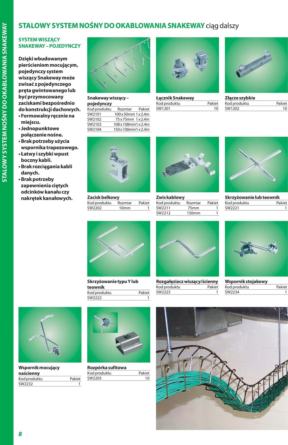 Brak potrzeby użycia wspornika trapezowego. Łatwy i szybki wpust boczny kabli. Brak rozciągania kabli danych. Brak potrzeby zapewnienia ciętych odcinków kanału czy nakrętek kanałowych.