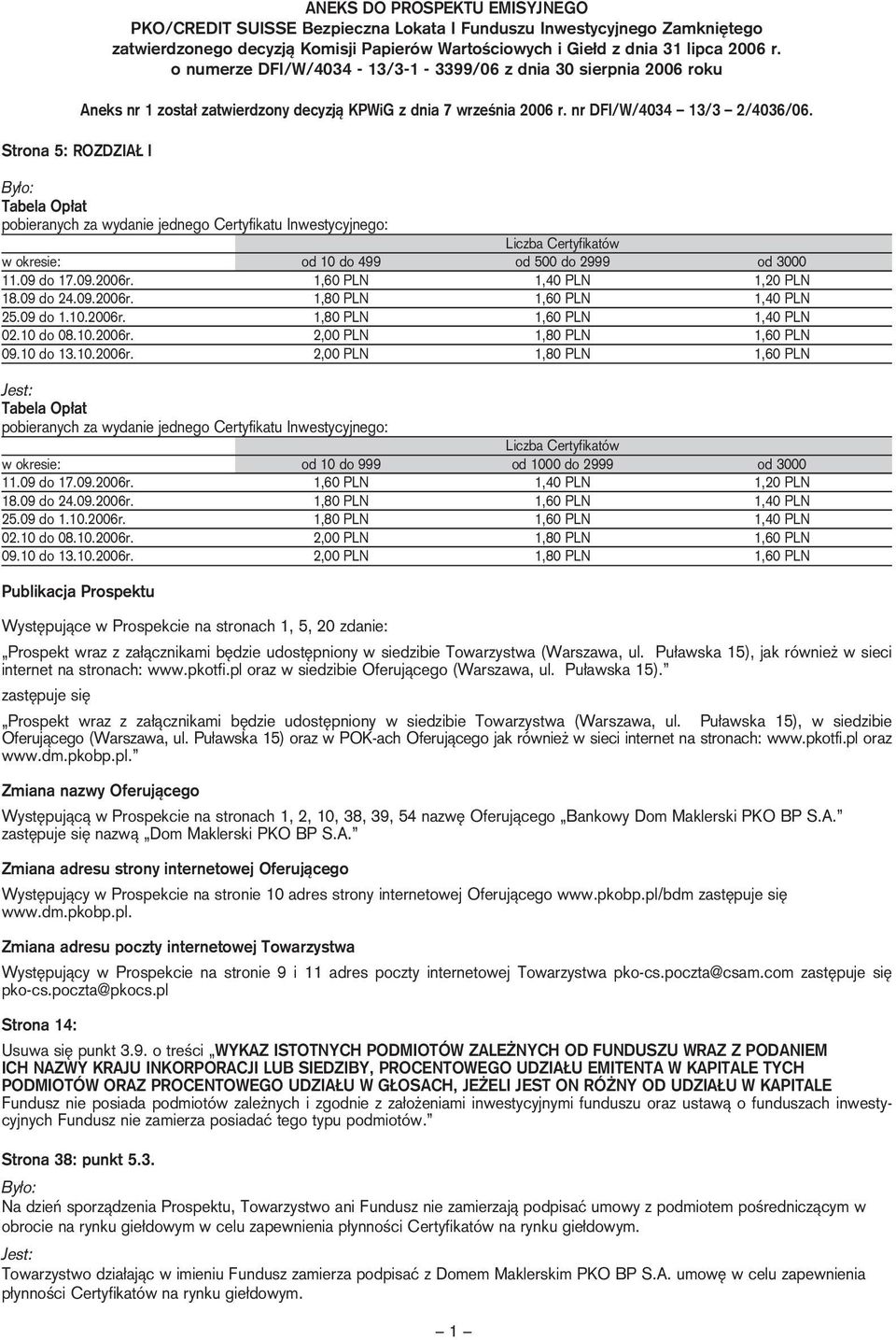 By o: Tabela Op at pobieranych za wydanie jednego Certyfikatu Inwestycyjnego: Liczba Certyfikatów w okresie: od 10 do 499 od 500 do 2999 od 3000 11.09 do 17.09.2006r. 1,60 PLN 1,40 PLN 1,20 PLN 18.