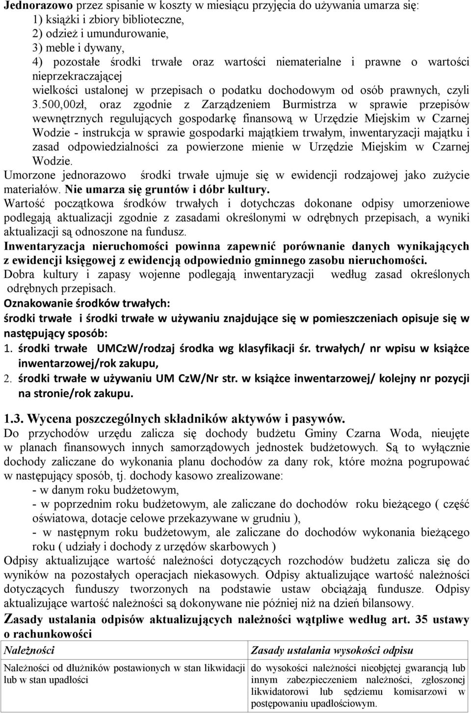 500,00zł, oraz zgodnie z Zarządzeniem Burmistrza w sprawie przepisów wewnętrznych regulujących gospodarkę finansową w Urzędzie Miejskim w Czarnej Wodzie - instrukcja w sprawie gospodarki majątkiem