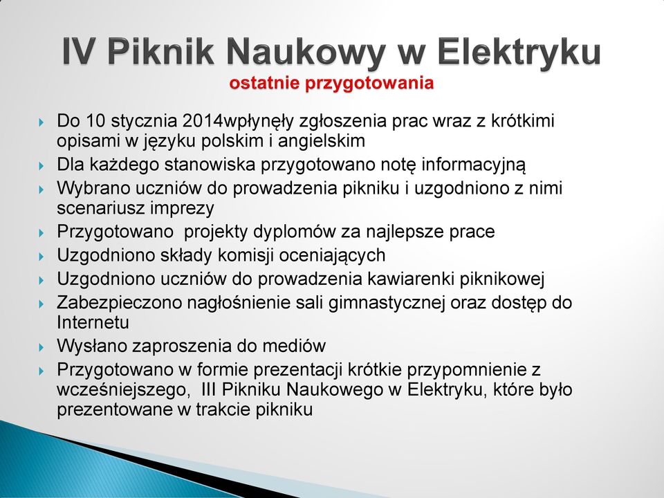 oceniających Uzgodniono uczniów do prowadzenia kawiarenki piknikowej Zabezpieczono nagłośnienie sali gimnastycznej oraz dostęp do Internetu Wysłano