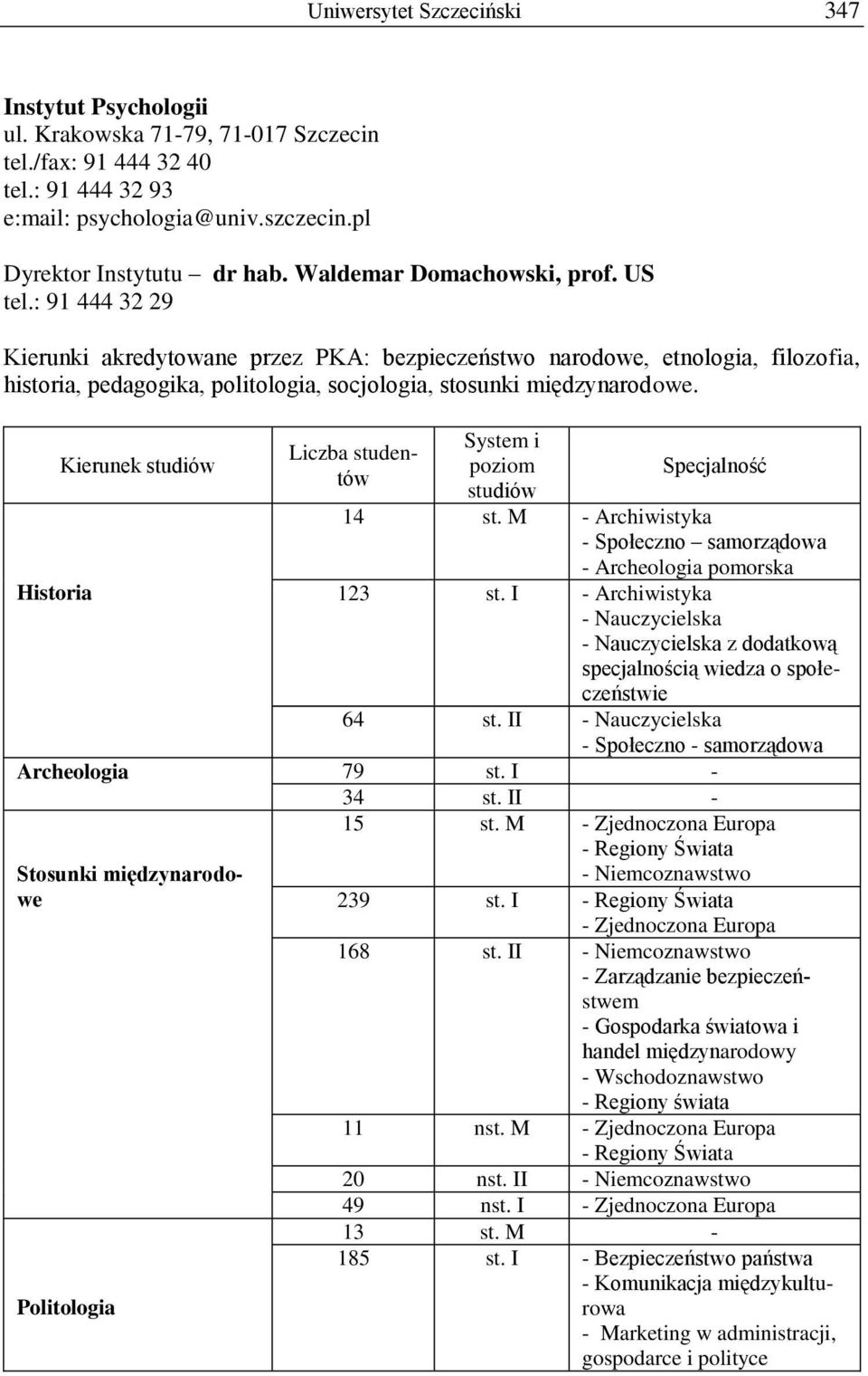 : 91 444 32 29 Kierunki akredytowane przez PKA: bezpieczeństwo narodowe, etnologia, filozofia, historia, pedagogika, politologia, socjologia, stosunki międzynarodowe. Historia poziom studiów 14 st.