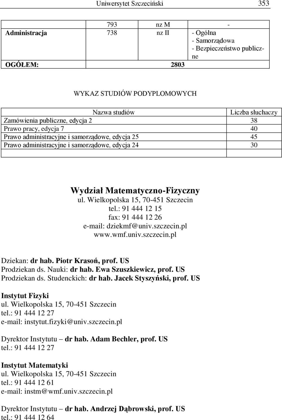 Wielkopolska 15, 70-451 Szczecin tel.: 91 444 12 15 fax: 91 444 12 26 e-mail: dziekmf@univ.szczecin.pl www.wmf.univ.szczecin.pl Dziekan: dr hab. Piotr Krasoń, prof. US Prodziekan ds. Nauki: dr hab.