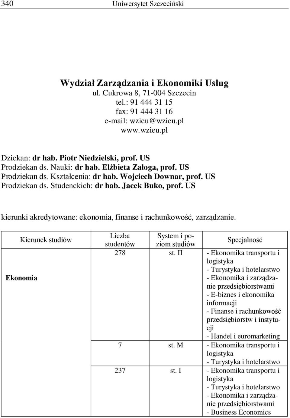 US kierunki akredytowane: ekonomia, finanse i rachunkowość, zarządzanie. Ekonomia Liczba poziom studiów studentów 278 st.